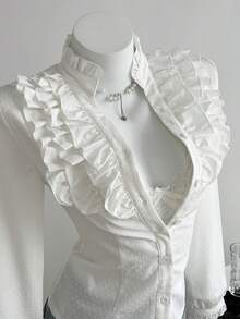 Elamini 1 Áo cánh cổ chữ V xếp nếp vải jacquard chấm bi trắng dành cho nữ, thích hợp mặc hàng ngày, đi làm và thường ngày, mùa thu - trắng - Xem 1