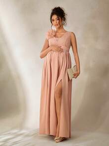 Cheriluna Maternity 纯色印花亮片蕾丝网纱手工花朵长款无袖V领连衣裙，适合孕妇写真、派对等场合，闪亮亮片连衣裙/优雅派对连衣裙/粉色连衣裙/花朵连衣裙 - 粉色 - 查看 6