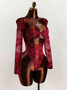 Y2K Amplova Romantic Christmas New Year Thanksgiving Party Red Lace Hollowed-Out Tight Long Sleeves Semi-Transparent Sexy Baroque Style Women's Lace Sexy Semi-Sheer Bodysuit - Burgundy - View 5