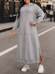 EMERY ROSE Vestido feminino plus size com capuz, estilo jacquard, casual, outono/inverno - Cinza claro - Ver 5