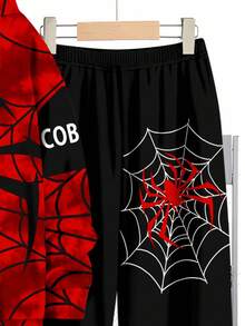 Conjunto de sudadera con capucha de manga larga holgada y cómoda con estampado de araña en bloques de color y letras en inglés, estilo deportivo minimalista casual para adolescentes, adecuado para otoño/invierno - Multicolor - Ver 5