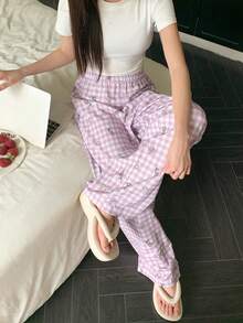 DAZY 女式格子花卉印花宽松睡裤，秋季 - 粉色 - 查看 4