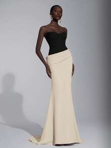 Elitara 优雅、浪漫、性感、简约、深紫红色、撞色粉色、斜纹面料、鱼尾下摆、拖尾、时尚、影响者、节日、度假、生日派对、婚礼活动、正式晚礼服 - 黑與白 - 查看 6