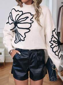 Louniche 花卉图案落肩立领毛衣，长袖上衣 - 白色 - 查看 1