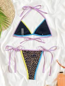 Swim SXY Women's Brown Micro Cup Triangle Leopard Cheetah Print Bikini Set,Summer Casual Beach Vacation Holiday Brazilian Colorful Tie Dye Print Swimwear - Multicolor - View 4