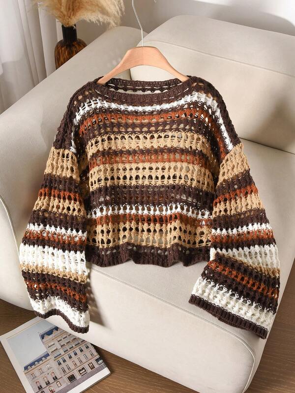 CosyJoli Plus Size Casual Blue & White Striped Hollow Out Boat Neck Loose Cropped Long Sleeve Sweater/Winter