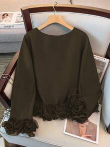 GlowEve CURVE Plus Size Women Crew Neck Ruffle Cuff Design Casual Jacket, Versatile & Minimalist, Suitable For Autumn/Winter Everyday Wear - Brown - View 2