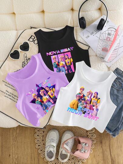 Sparklyn 3pcs/Set Fashion Casual KPOP Girl Group Printed Sleeveless Tops For Tween Girl, Black/White/Purple
