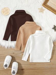 SHEIN 3 件套婴儿男童/女童休闲弹力舒适高领毛衣，保暖内衬，柔软，纯色，百搭秋冬 - 彩色 - 查看 2