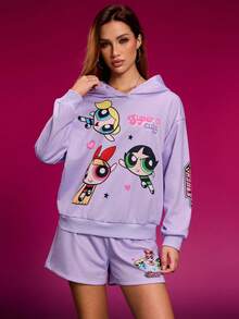 THE POWERPUFF GIRLS X SHEIN Women Casual Blossom, Bubbles, Buttercup Pattern Hoodie And Shorts 2 Pieces Set, Autumn Hoodies Y2k - Mauve Purple - View 3