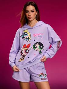 THE POWERPUFF GIRLS X SHEIN Women Casual Blossom, Bubbles, Buttercup Pattern Hoodie And Shorts 2 Pieces Set, Autumn Hoodies Y2k - Mauve Purple - View 4