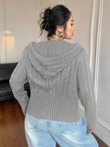 POPSWAY Plus Size Women Cable Pattern Long Sleeve Zip-Up Drawstring Hooded Casual Cardigan, Autumn/Winter - Grey - View 2