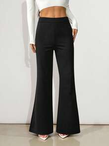 SHEIN PETITE 纯色高腰喇叭裤，黑色高腰阔腿裤，感恩节、新年、秋冬季黑色长裤：优雅精致，派对必备，休闲时尚，通勤百搭，修身显瘦，升级版 - 黑色 - 查看 1