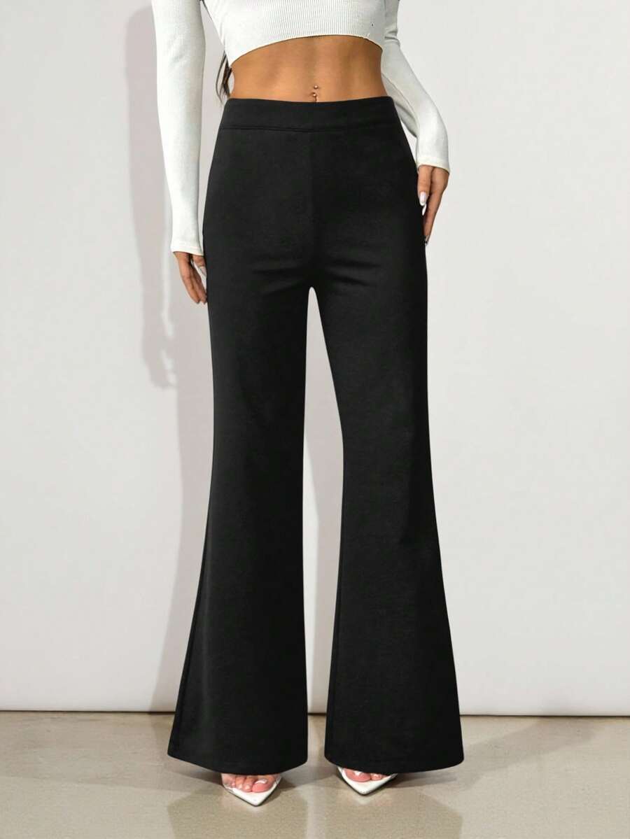 SHEIN PETITE 纯色高腰喇叭裤,黑色高腰阔腿裤,感恩节、新年、秋冬季黑色长裤:优雅精致,派对必备,休闲时尚,通勤百搭,修身显瘦,升级版 - 黑色 - 查看 1