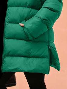 EURMUSE Plus Size Zip Up Drawstring Hooded Padded Coat - Dark Green - View 4