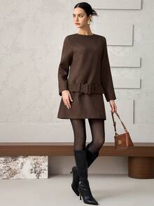 Heiryn 女式纯色圆领长袖系带休闲短款连衣裙 - 棕色 - 查看 3