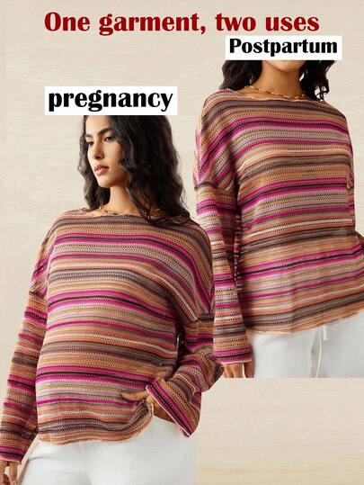 Boho Mama 孕妇休闲条纹圆领宽松T恤，秋季