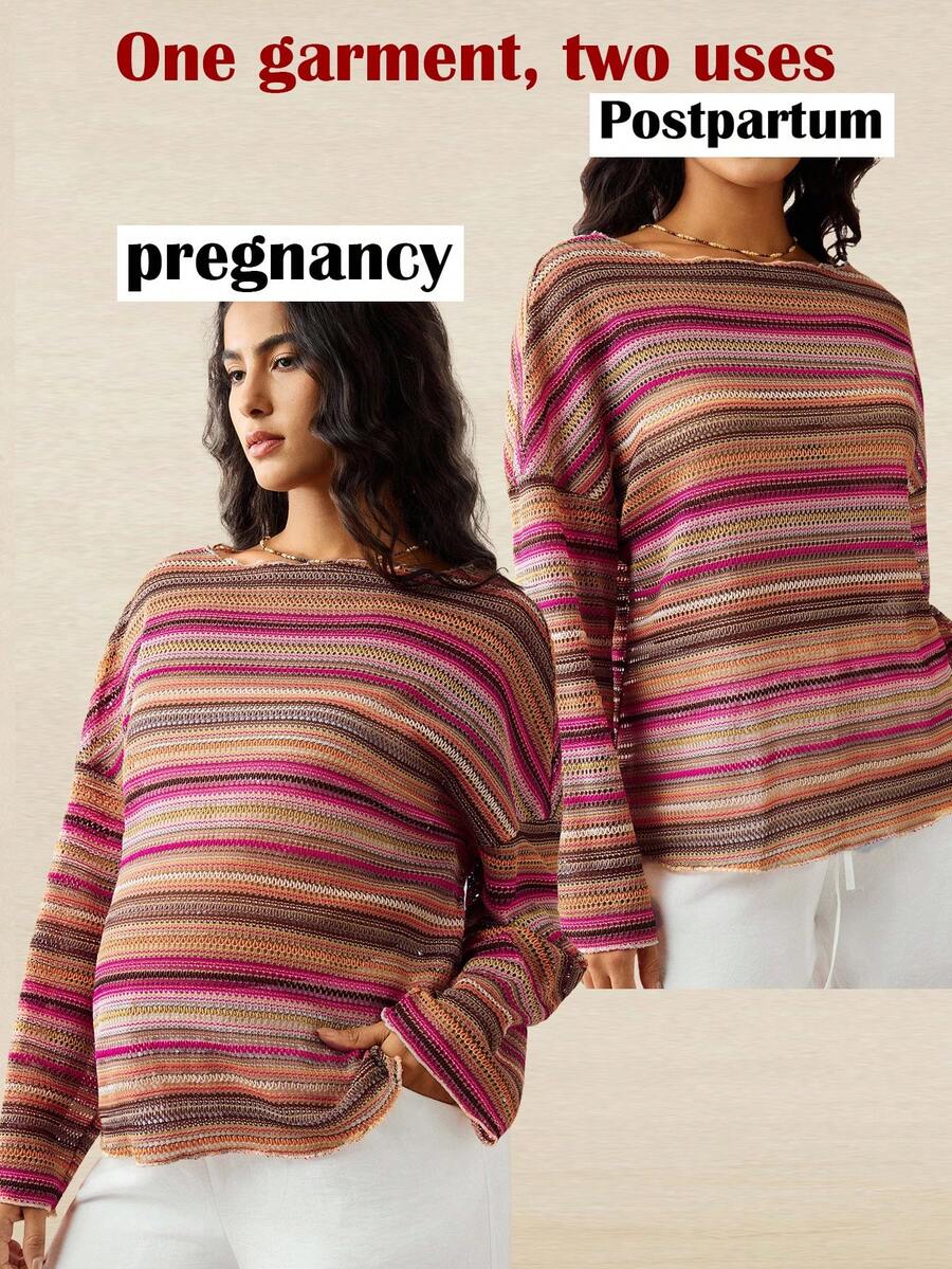 孕妇休闲条纹圆领宽松T恤，秋季 - 彩色 - 查看 1