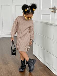 Young Girl Solid Stand Collar Fitted Casual Sweater Dress - Khaki - View 5