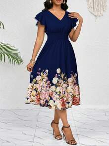 SHEIN Lady 女式休闲花卉印花中长连衣裙 - 藏蓝色 - 查看 5