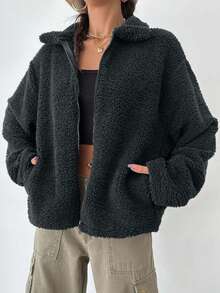 EURMUSE Women's Zip Up Drop Shoulder Teddy Plus Size Coat Trail Ride Autumn Club Office Black Smart Casual Baggy - Grey - View 1