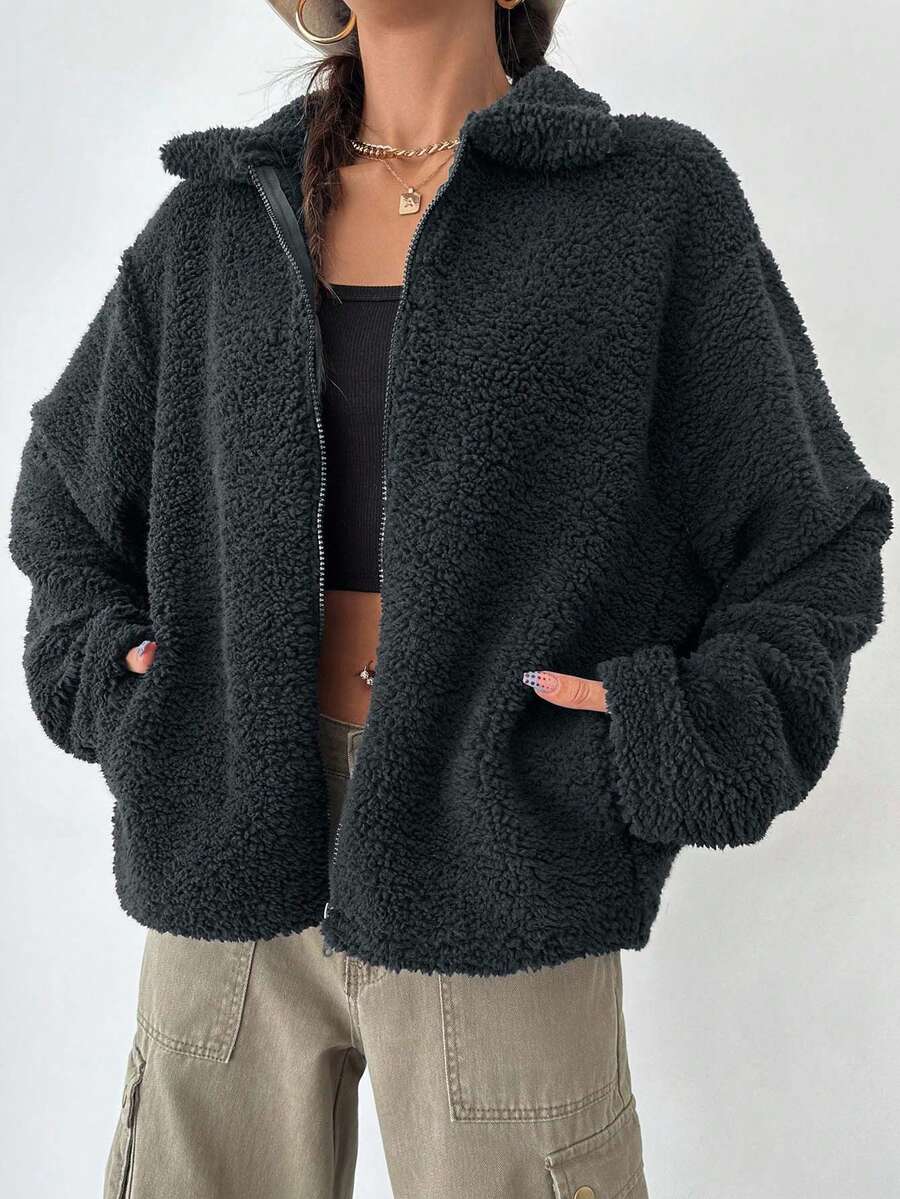 EURMUSE Women's Zip Up Drop Shoulder Teddy Plus Size Coat Trail Ride Autumn Club Office Black Smart Casual Baggy - Grey - View 1