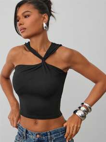 Hauture Women's Fashion Sexy Solid Color Asymmetric Halter Top - Black - View 1