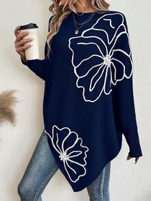 SHEIN LUNE 女士秋冬时尚3D花卉装饰蝙蝠袖毛衣 - 藍色 - 查看 4