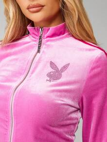 Missguided x Playboy Velour Zip Up Jacket With Embellished Logo Detail And Ribbed Cuffs For Casual Winter Outfits - Pink - View 6