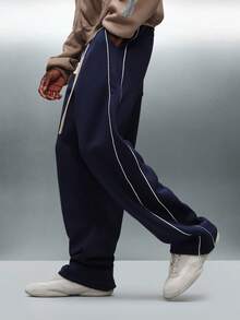 PLAYBOY X SUMWON Relaxed Fit Fleece Sweatpants With Side Piping And Logo Print - Navy Blue - View 4