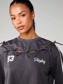 Missguided x Playboy Bow Detail Cropped Long Sleeve Pullover Sweatshirt With Tie Accents And Ribbed Neckline For Casual Comfort - Dark Grey - View 4