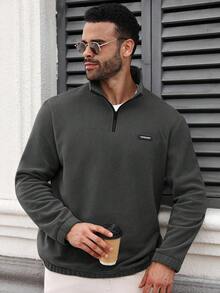 Manfinity CasualCool 秋冬羊毛立领半拉链长袖宽松加厚休闲运动套头衫男士纯色健身健身房训练针织外套 - 深灰色 - 查看 4