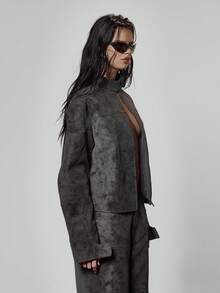 MUSERA Paneled Zip Through Washed Effect Racer Style Jacket Only Winter Streetwear Cool Night Out Everyday Sexy Onyx - Dark Grey - View 5