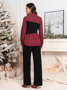 Gownix Plus Size Women's Black And Red Plaid Patchwork Shirt&Pants 2 Pieces Set,Chic Autumn Office Back-To-School Elegant Christmas New Year Party Clothes - Multicolor - View 2