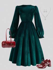 少女优雅针织天鹅绒面料蝴蝶结装饰圆领长袖拼布下摆收腰连衣裙，适合日常穿着、聚会、派对 - 墨綠色 - 查看 2