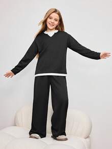 Ensemble 2 en 1 pour préadolescentes avec sweat-shirt à manches longues bicolore et pantalon de couleur unie