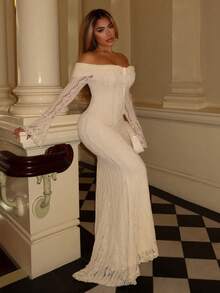 Maria Perezxox 女士优雅露肩白色蕾丝长袖美人鱼连衣裙，适合婚礼、派对、伴娘礼服 - 白色 - 查看 5