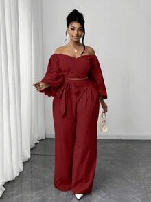 Maweii 2pcs Plus Size Casual Tie Bow Puff Sleeve Set - Red - View 1
