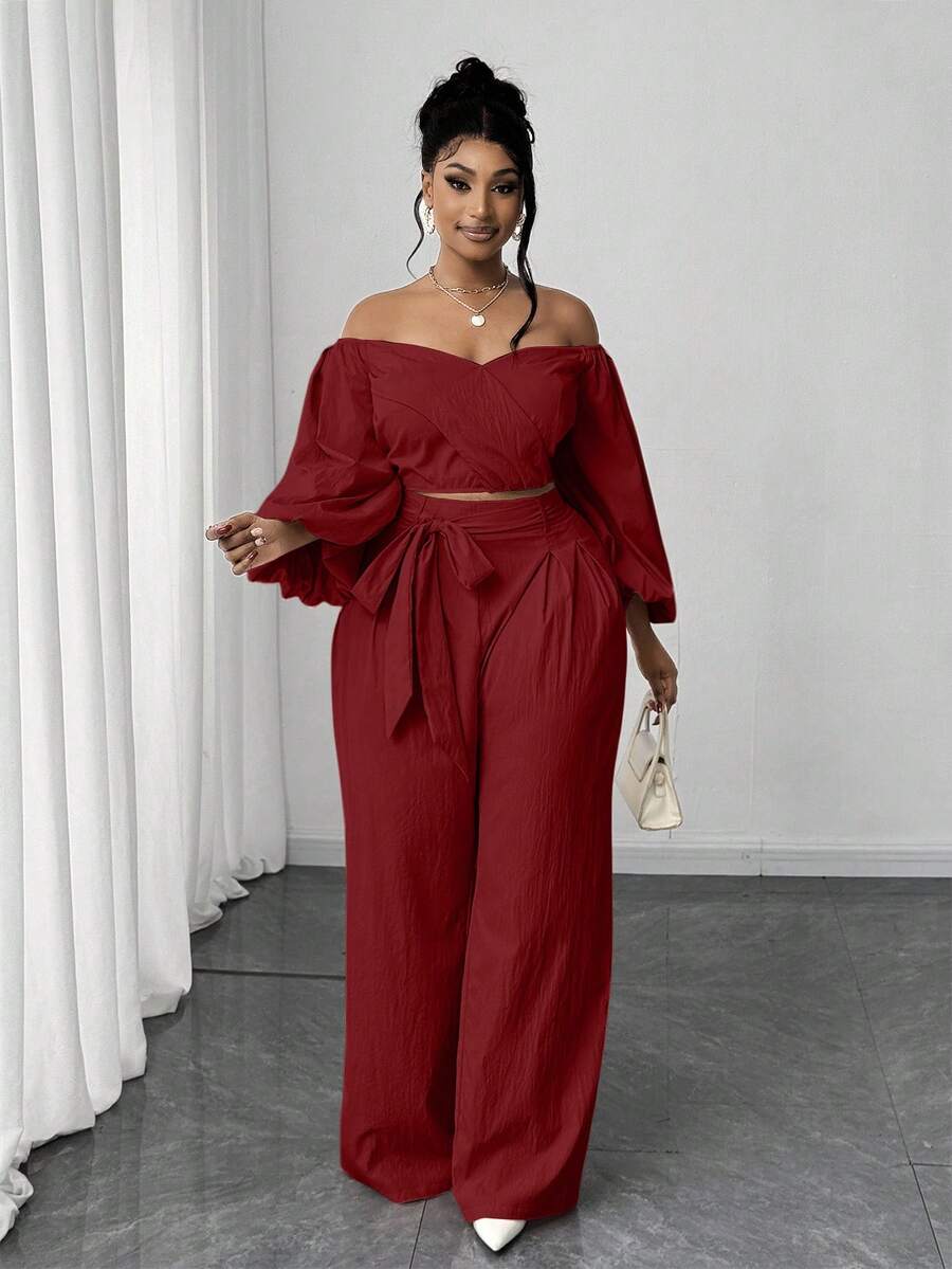 Maweii 2pcs Plus Size Casual Tie Bow Puff Sleeve Set - Red - View 1