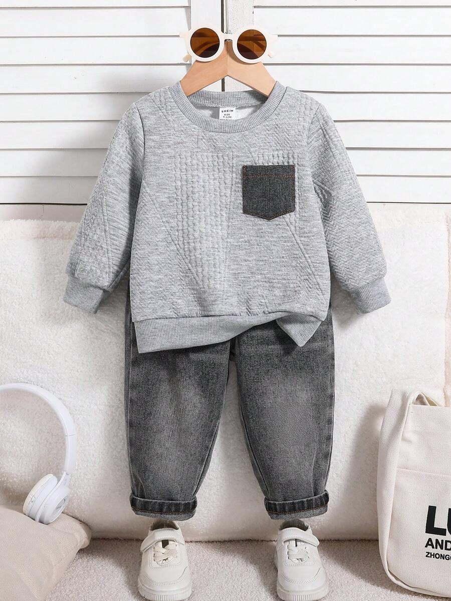 SHEIN 2 件套男婴/女婴休闲白色运动衫和蓝色牛仔长裤运动服，男女通用秋冬婴儿服装 - 灰色 - 查看 1