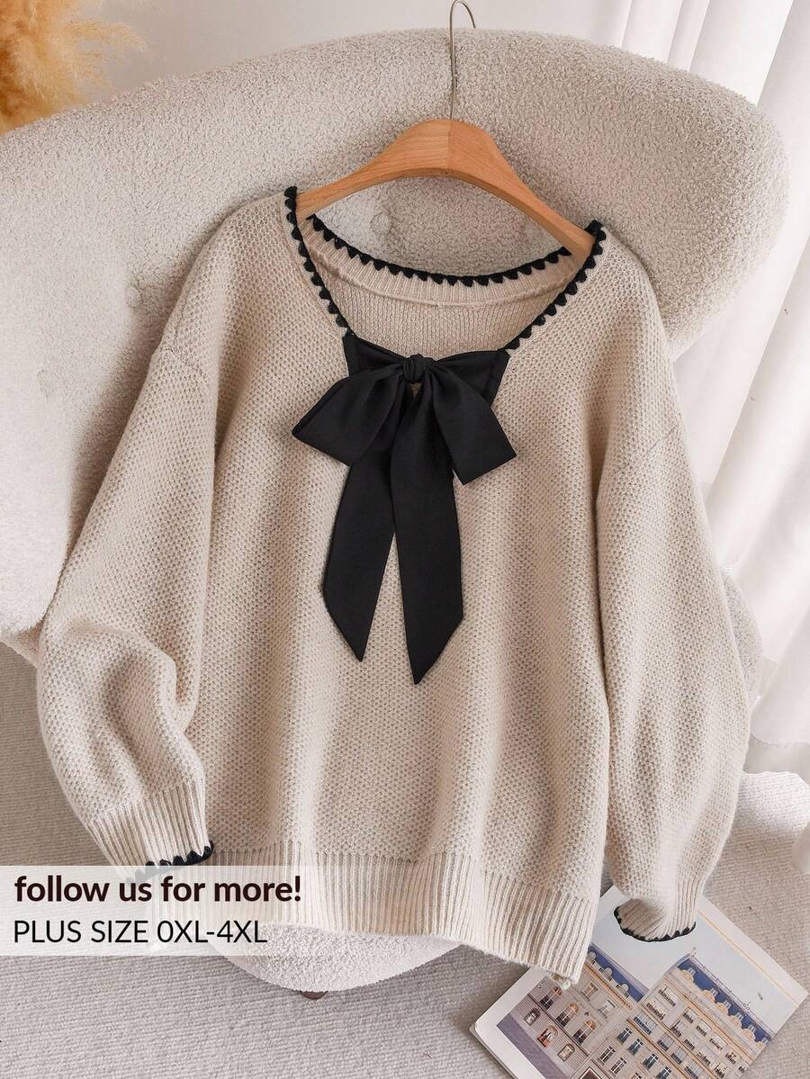 CosyJoli 大码羊毛套头衫,蝴蝶结女上衣,可爱秋冬装,大码女式套头羊毛上衣,温暖套头衫 - 米色 - 查看 1