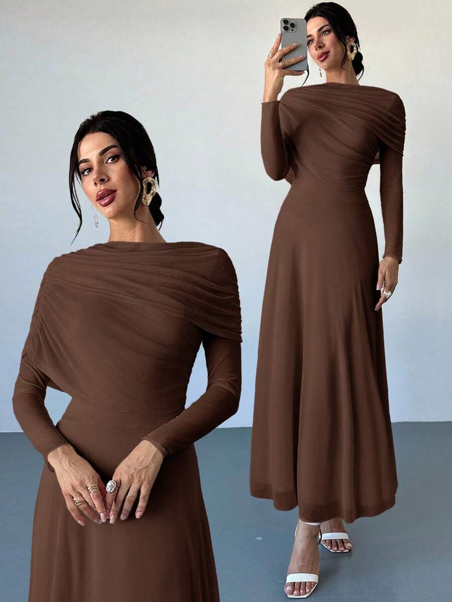 Firerie 优雅浪漫约会纯色黄色垂褶领不对称荷叶边腰身修身长款连衣裙（女款） - 咖啡 - 查看 1