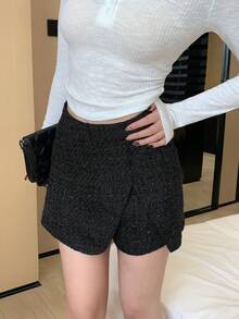 DAZY Saia elegante feminina estilo coreano com fenda lateral e cor sólida - Preto - Ver 5