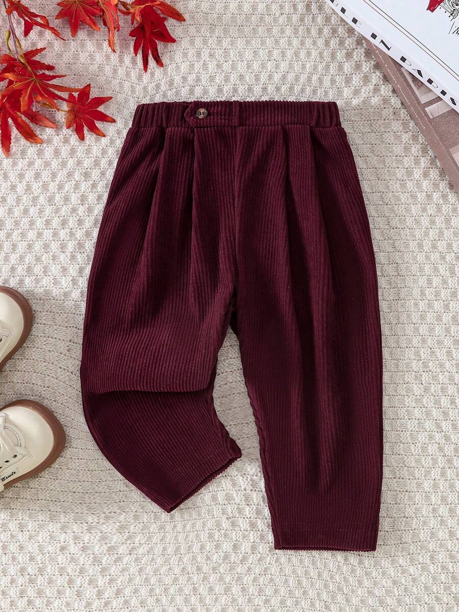 Souflis Souflis 1pc Baby Boys Casual Vintage Comfortable Corduroy Pleated Pants, Suitable For Everyday Wear - Burgundy - View 1