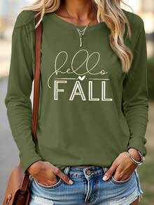 EMERY ROSE Camiseta de manga larga con cuello redondo y estampado de letras, informal, para otoño - Verde - Ver 1