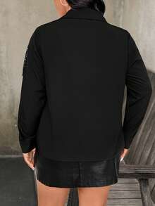 Juhart 大码时尚拼接长袖女式上衣，带流苏、流苏和铆钉拼接，适合派对、庆典和日常穿着 - 黑色 - 查看 2