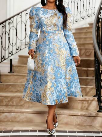 Fleurora Autumn And Winter Blue Satin Fabric Heavy Jacquard Round Neck Waist Leg-Of-Mutton Sleeve Design A-Line Plus Size Dress Winter Clothes For Women Women Dresses Autumn Winter Christmas Dress Christmas Clothes For Women Party Dresses For Women New Year Dress  Elegant Dresses For Women  Sequin Dress
