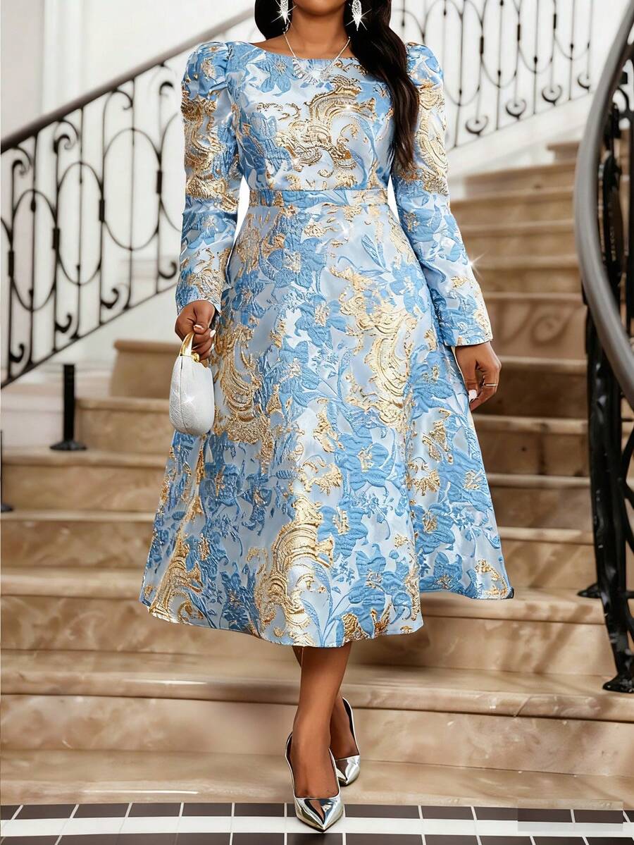 Fleurora Váy dự tiệc jacquard thắt eo thanh lịch cỡ lớn