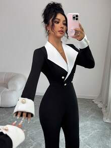 Elenzga Elegant Commuter Colorblock Waist Jumpsuit - Black and White - View 6