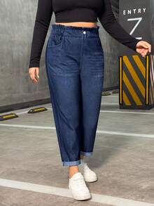 Flexra Plus Size Women's Pocketed Tapered Stretch Casual Jeans - Blue - View 5